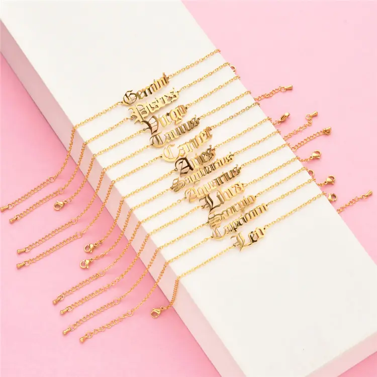 Cross-border New Product Retro 12 Constellation Anklet Real Gold Plating Clavicle Chain Stainless Steel Anklet Female Spot