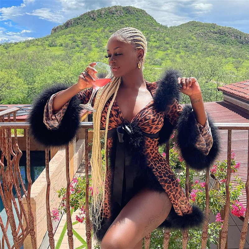 2021 New Design Women Fashion Leopard Flare Sleeve Fur V Neck Stylish Sexy Club Dresses