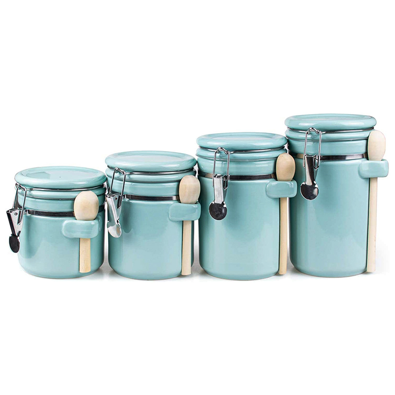Custom home decor kitchen jar Settings Sealed jar Food Storage container Light blue ceramic four piece candy jar set