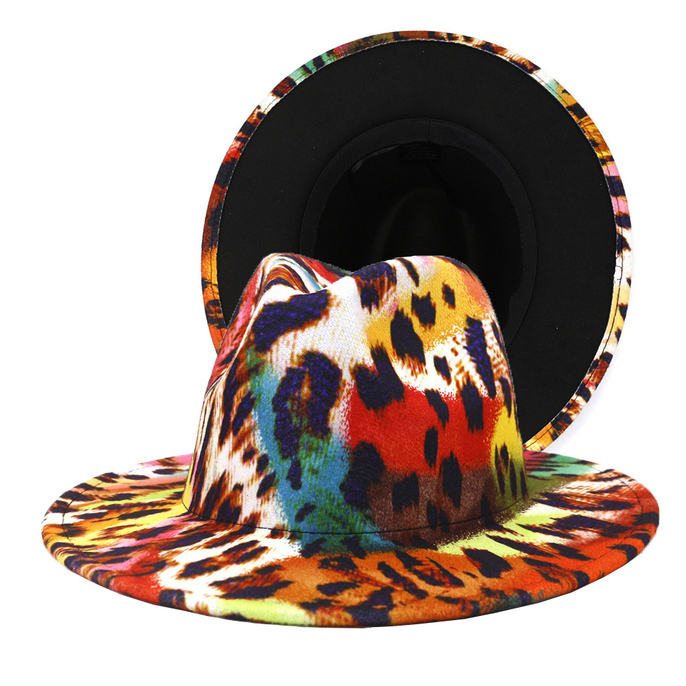 Amazon Hot Selling High Quality Double Leopard Print Wide Brim Wool Ladies'Fedora Hat Women Fedora Wool Hat
