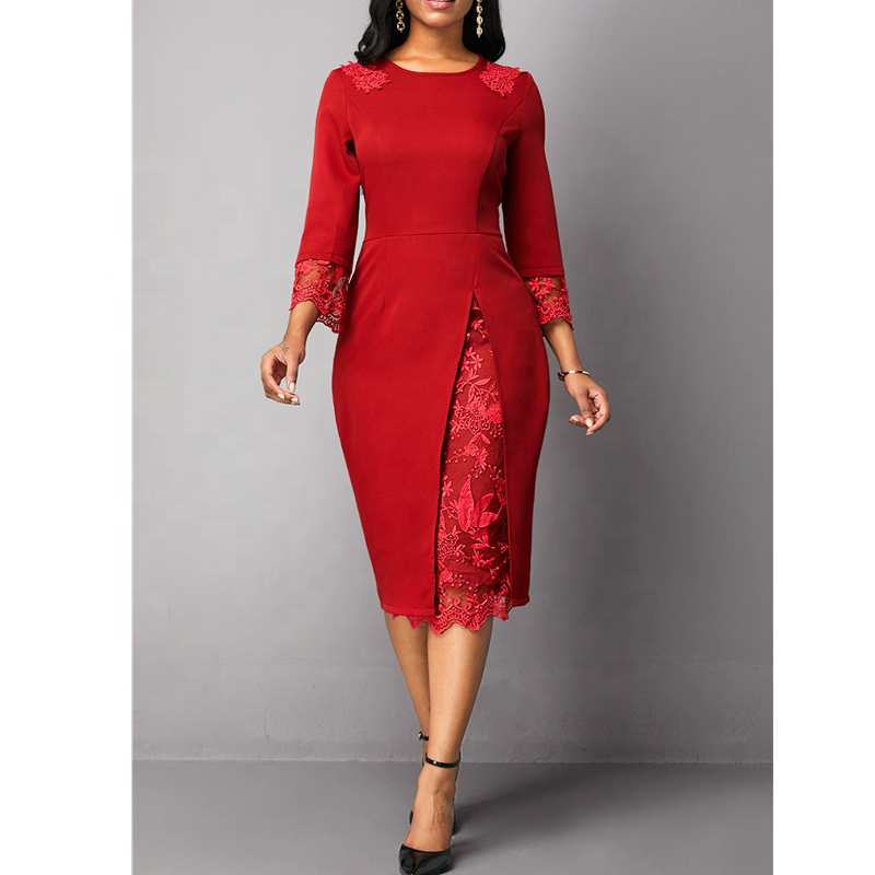 Ready to Ship Red O Neck Petal Sleeve Lace Patchwork Slim Big Size Lady Career Dress