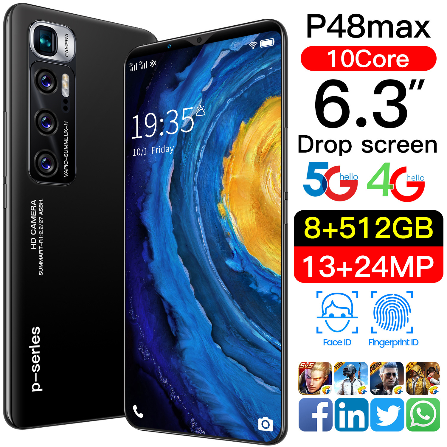 Глобальная версия Марка телефона P48 Max 10-ядерный 6,3» «полный комплект экрана падения 8 + 512 Гб 13MP + 24MP уход за кожей лица и отпечатков пальцев разблокированная Android10.0 4800 мА-ч