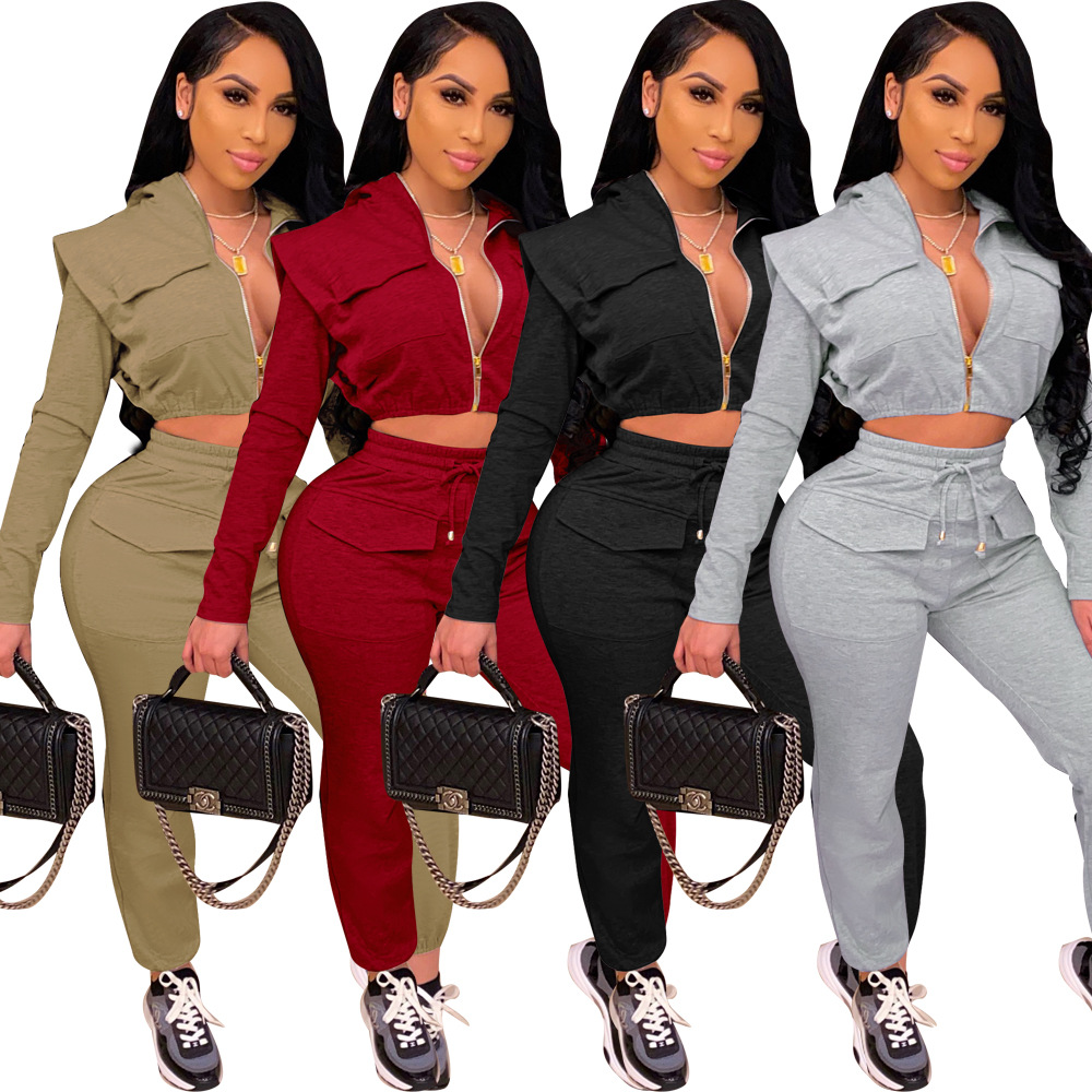 BOYI New Arrival Plus Size Zipper Cropped Cardigan Sport Sweatpants Fall 2 Piece Sets for Women Tracksuit