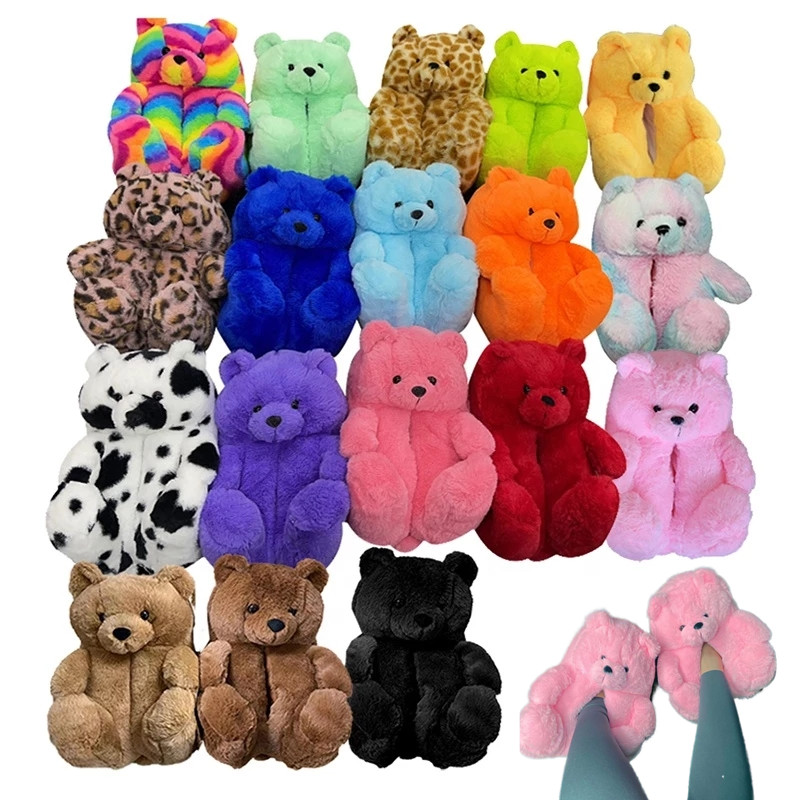 Women Home Indoor Soft Anti-slip Faux Fur Cute Slippers Winter Warm Shoes Cartoon Plush Teddy Bear Slippers