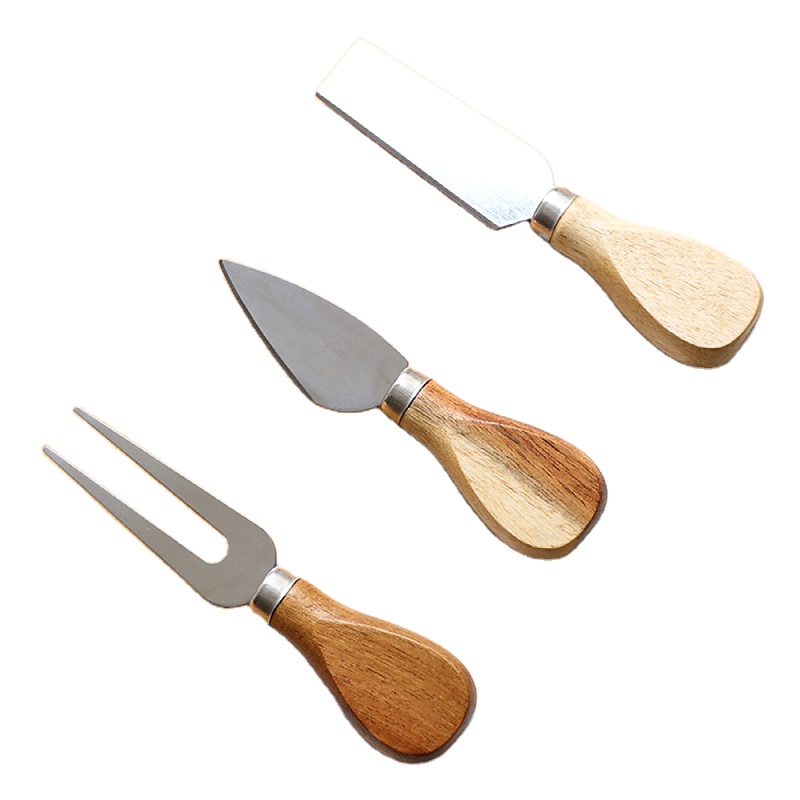 Custom Logo Cheese Knife Set Rubber Wooden Short Handle 3 Pcs Stainless Cheese Slice Tool