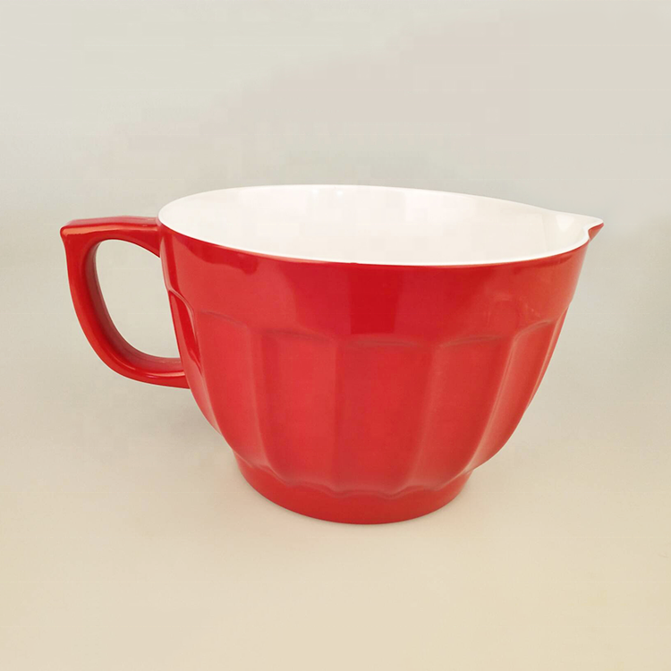 Two tone Colored outdoor Dinnerware Plastic Melamine Salad Mixing Bowl With Handle and Spout