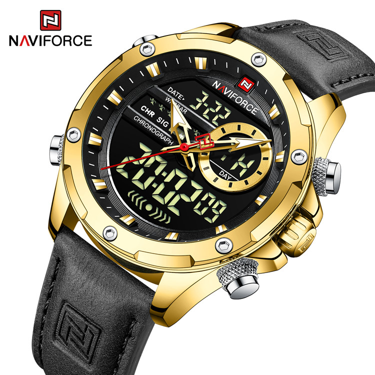NAVIFORCE 9208 высококачественные мужские кожаные ремешки многофункциональные спортивные Кварцевые светодиодные цифровые часы с двойным дисплеем