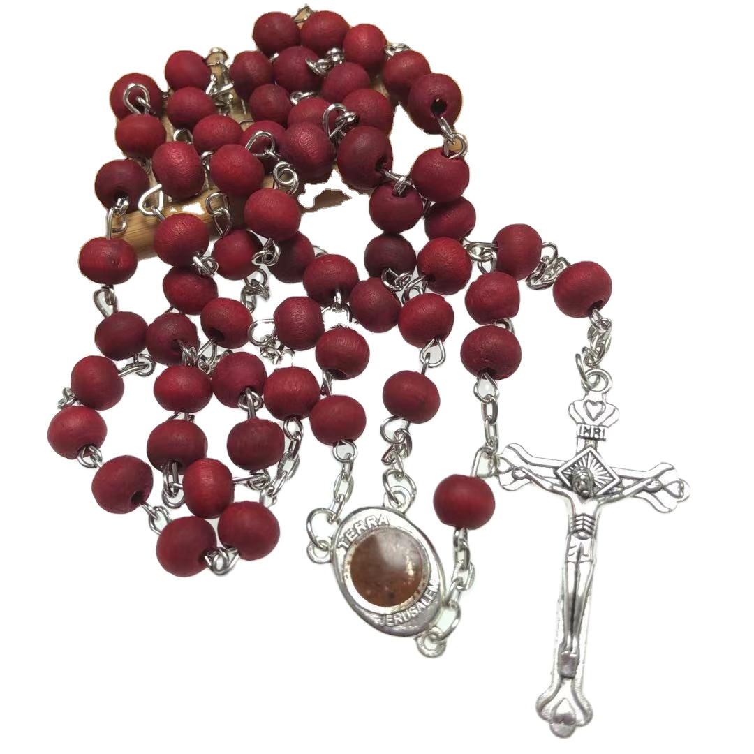 6*7MM religious perfume rosary wood scented rosary Jerusalem cross with Madonna Medallion,Containing terra soil
