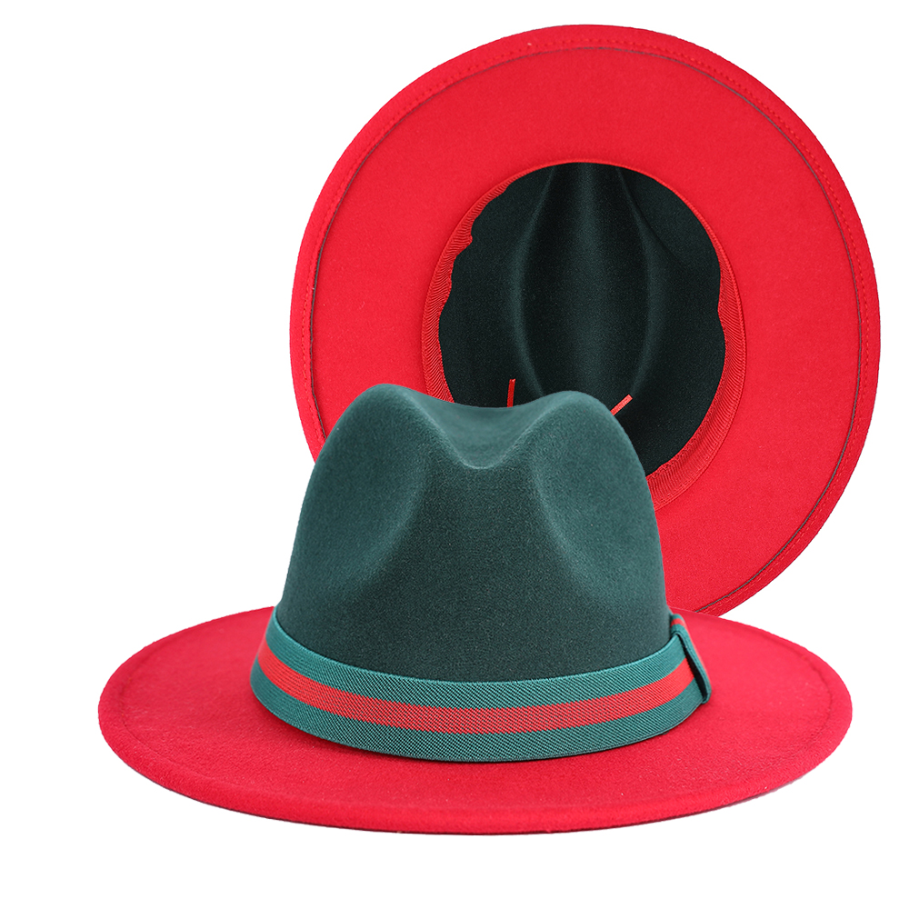 Оптовая продажа 2021 новый дизайнер моды Панама Джаз Fedora Шляпа с широкими полями два тона зеленый и красный Fedora шляпы