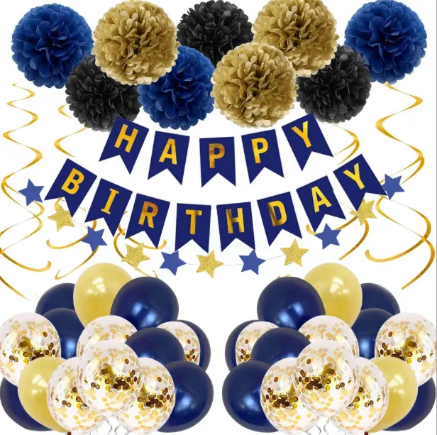 Wholesaler Pink Blue Green Gold Happy Birthday Party Background Decoration Set Paper Flower Ball Paper Tassel Letters Pull Flag