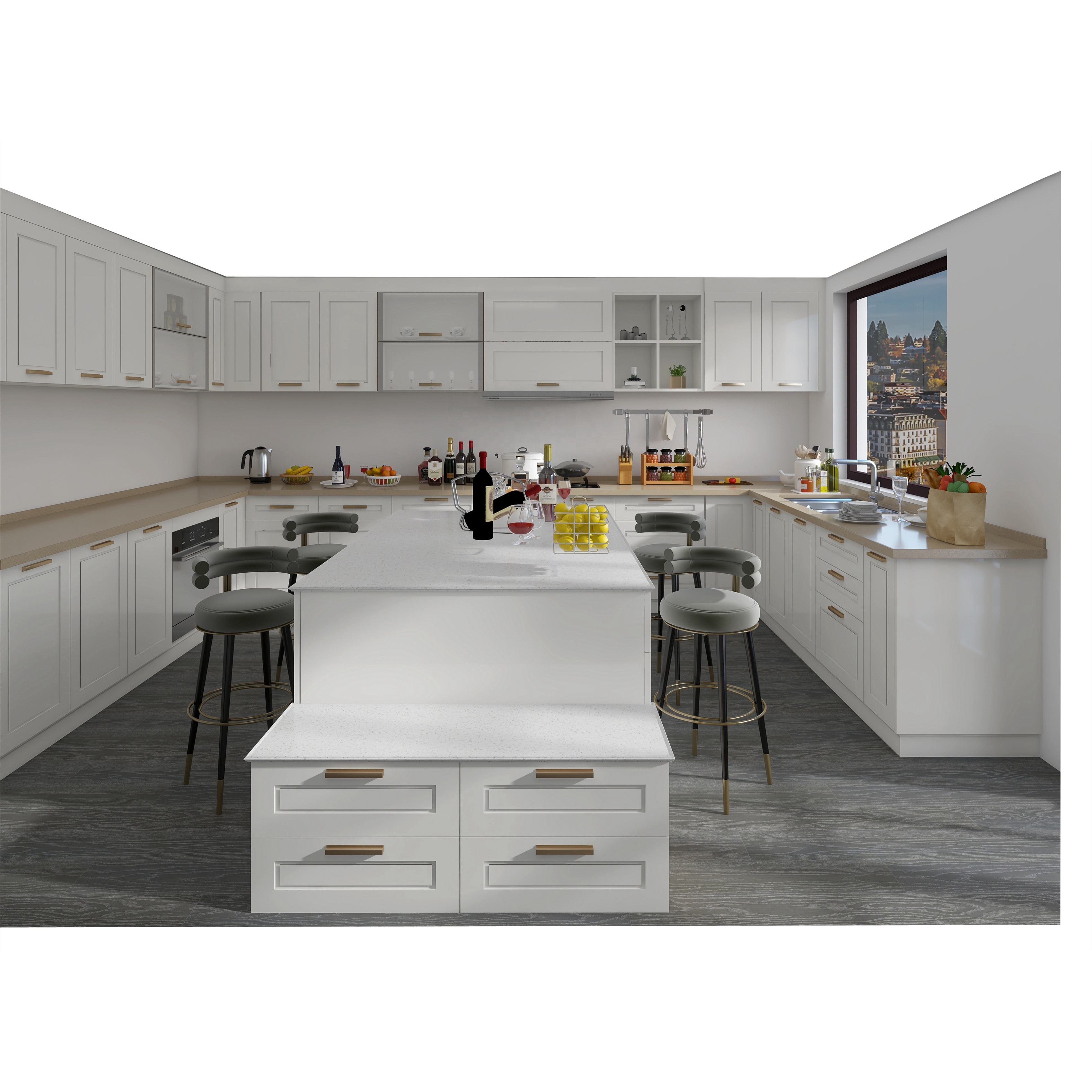 2021 high quality customized kitchen cabinet kitchen furniture kitchen cabinet with island and glass doors