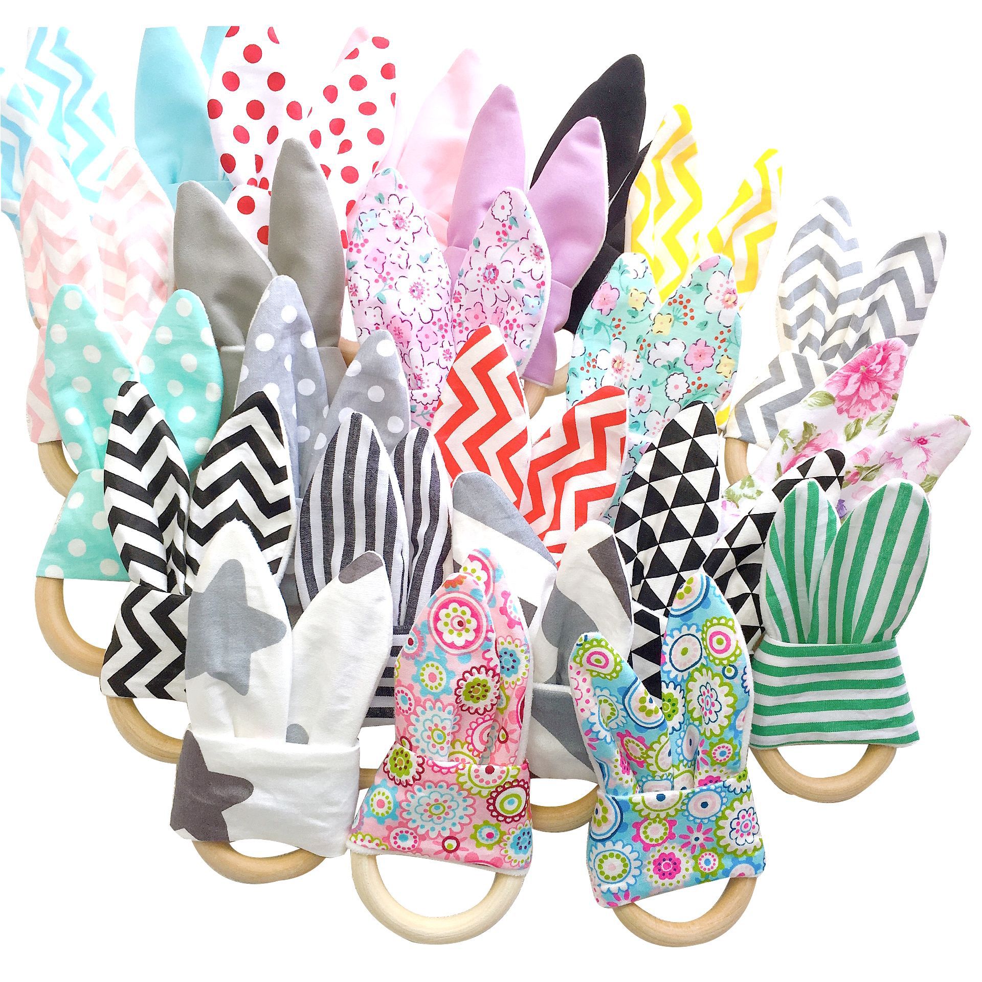 Wholesale Newborn Toy Training Sensory Baby Ring Teething Bunny Ears With Fabric Baby Wooden Teether
