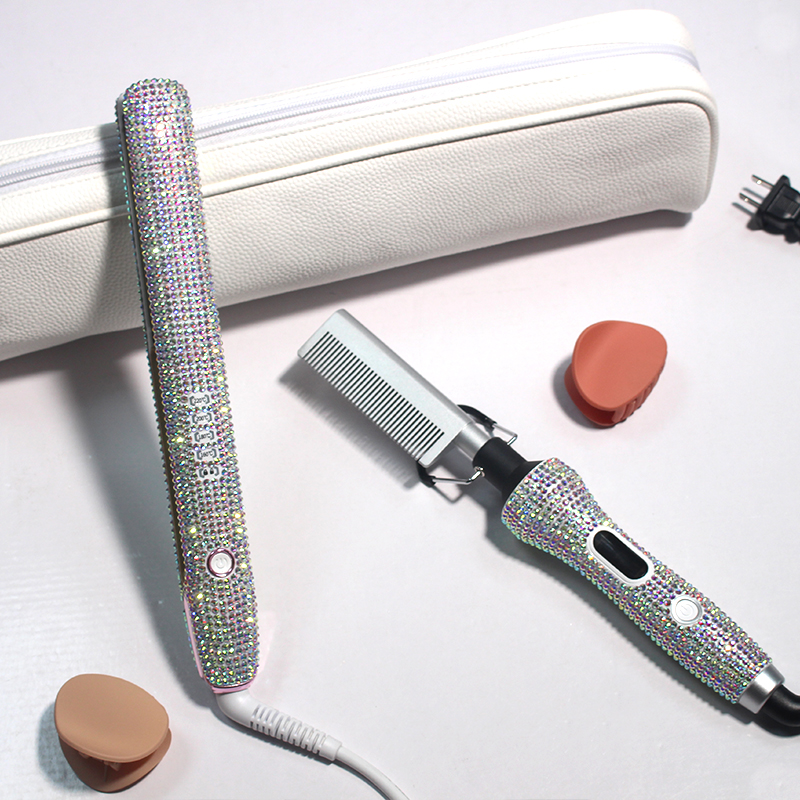 Pink Bedazzled Rhinestone High Heat Press Digital 500 Degree Hair Pressing Hot Comb