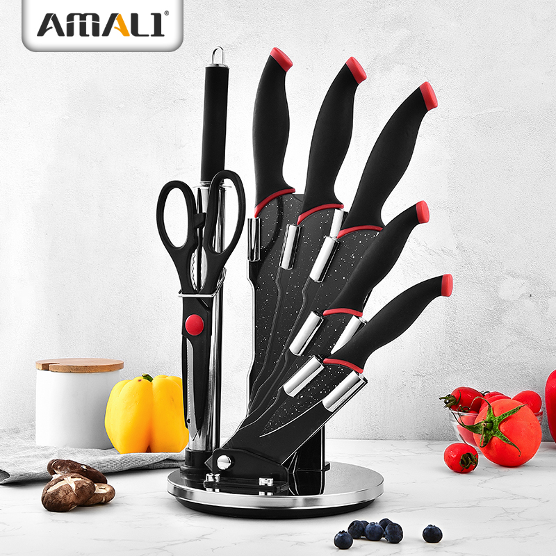 Soft Grip Heat Resistan -8PCS Stainless Steel Kitchen Non-Stick Knife Set With Acrylic Knife Block Marble Coating Knife