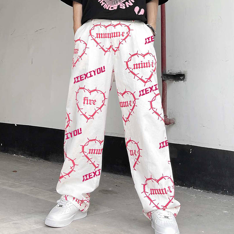 Premium Quality Embroidery 420gsm Straight Wide Leg Baggy Oversized Jogger Track Pants Thick Waist Men All Over Print Sweatpants