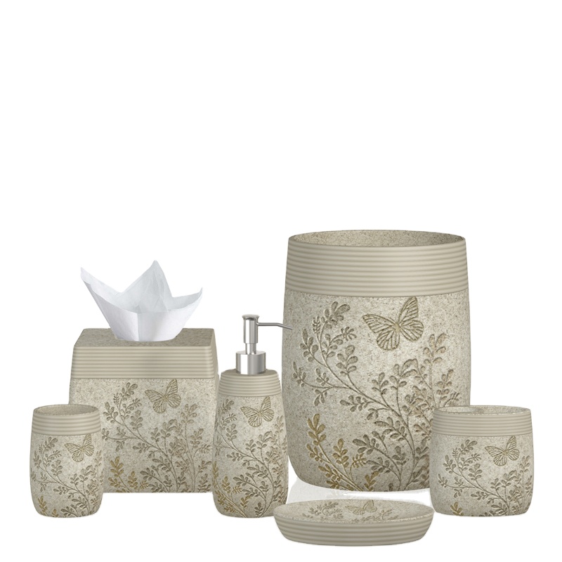 Delicate Butterfly Pattern yellow Sandstone Finished Resin Bathroom Set