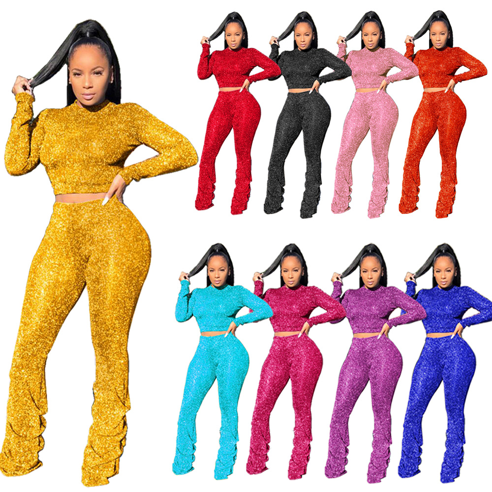 2021 casual new fall knitted stacked pants women sexy plus size 2 two piece club wear outfits 2021 clothing clubwear two piece