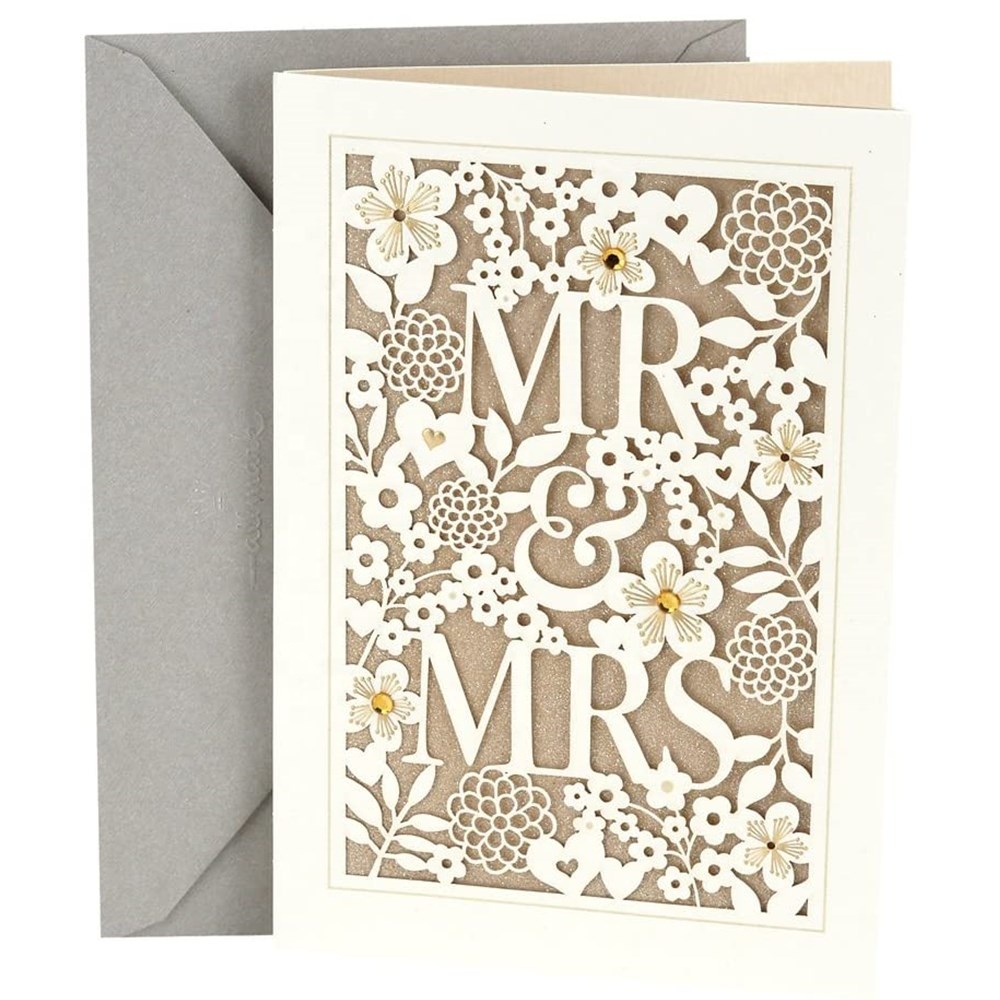 Custom die cut floral pattern Europe Marriage Invitation gift glittery Wedding Card Congratulations Letter greeting Paper Card