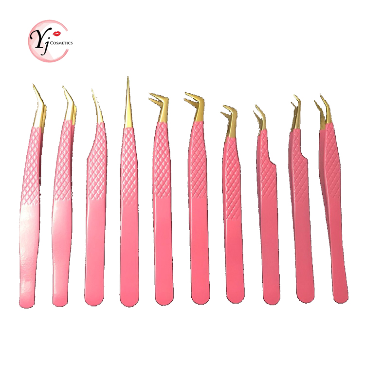 Pink sliver own brand 90 degree lash tweezers powder coated stainless steel volume eyelash extension tweezers with sliver tips