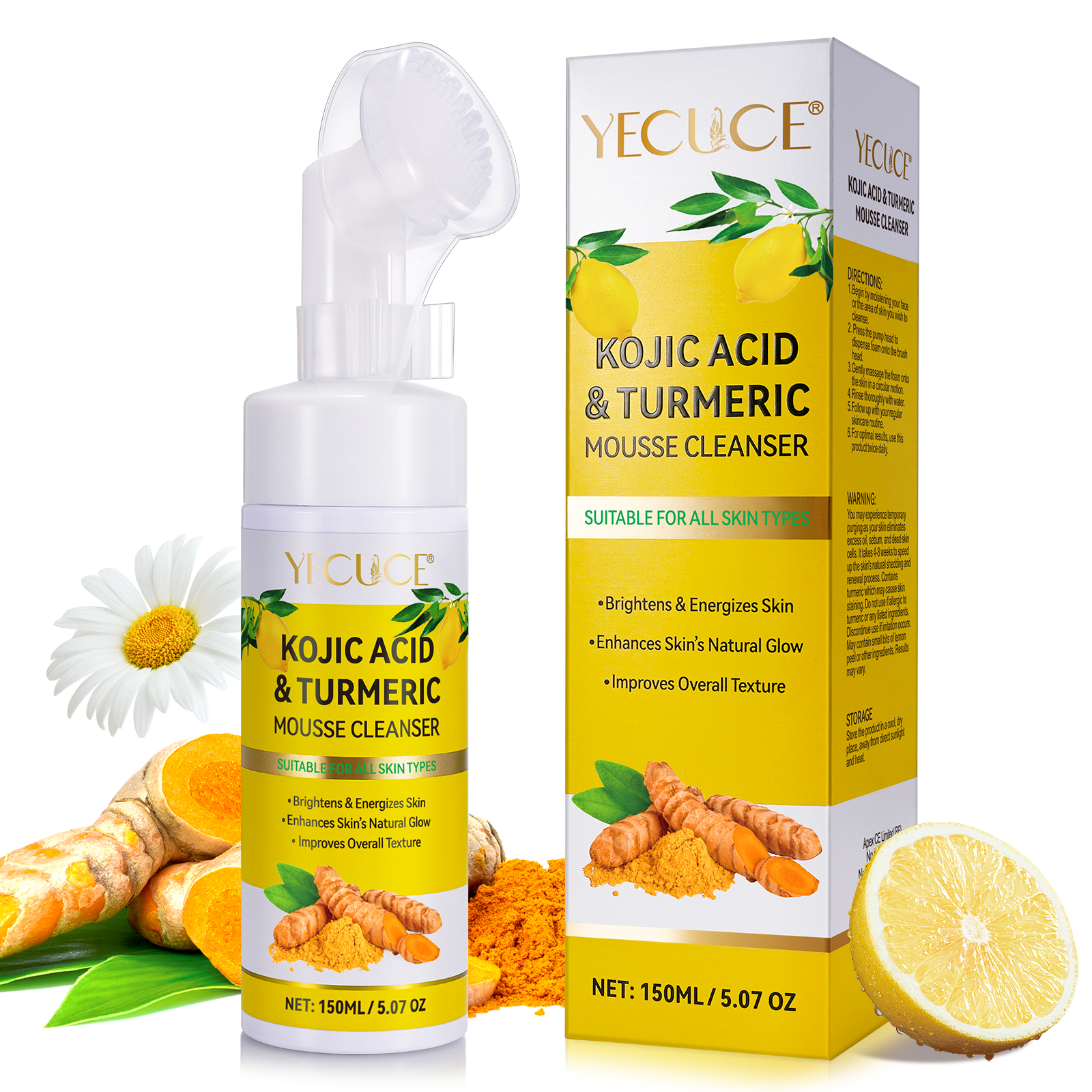 YECUCE private label whitening brightens turmeric and kojic acid face wash facial mousse cleansing,face foaming brush cleanser