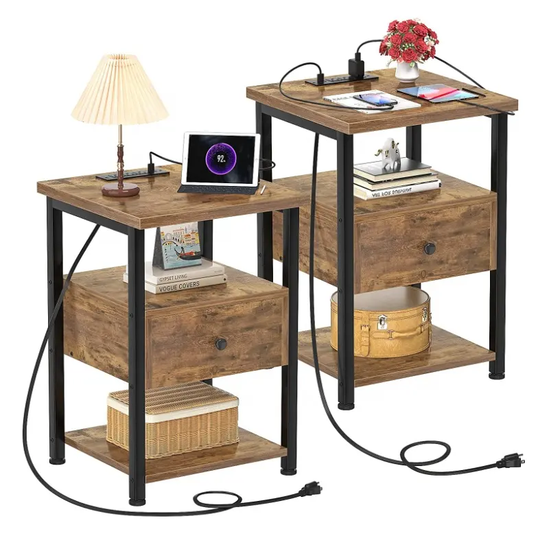 End Table Bedside Table with USB Port, Modern Nightstands with Drawers Storage Shelf Nightstand Set of 2 with Charging Station