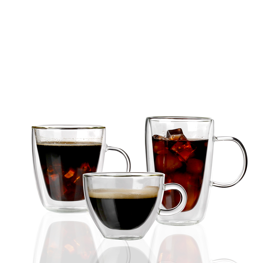 Hot selling high quality insulated double wall with handle coffee cup glass crystal cups three types set big handle