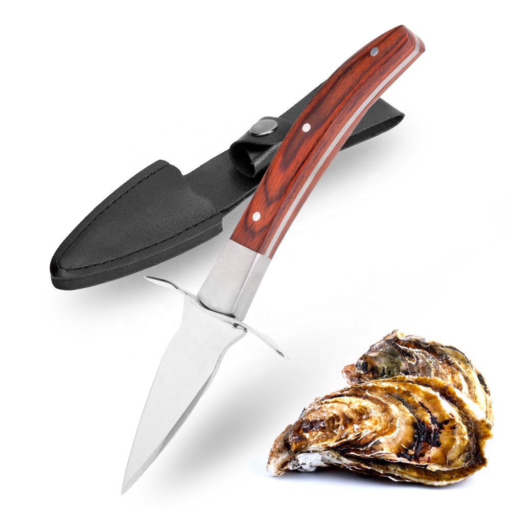Stainless Steel Oyster Shucking Knife with Leather Sheath, Clam Shellfish Seafood Opener Tools