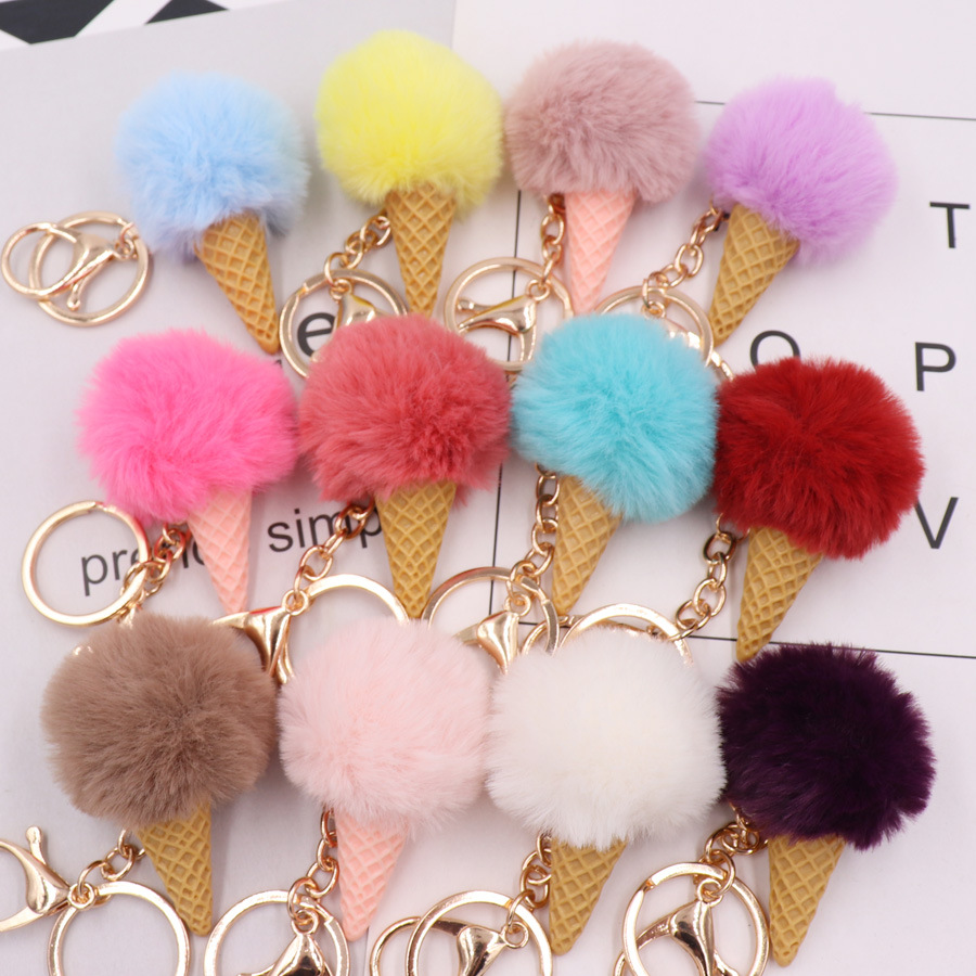 Ding Yi wholesale Fur Puff Key holder Ball Shape colorful Pom pom kids Ice cream Keychain 2021