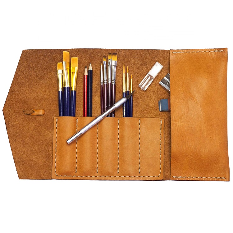Handmade Multiple Slots and Pouch Vegetable Tanned genuine leather Custom Roll Up Pen and Pencil Case