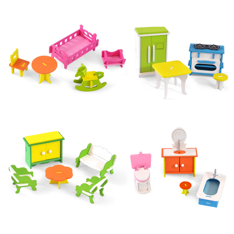 Kids Jigsaw Puzzle Wooden Furniture Educational Pretend Toy Sets with Glue For Children Birthday Gifts Finger Exercise Wood Toys