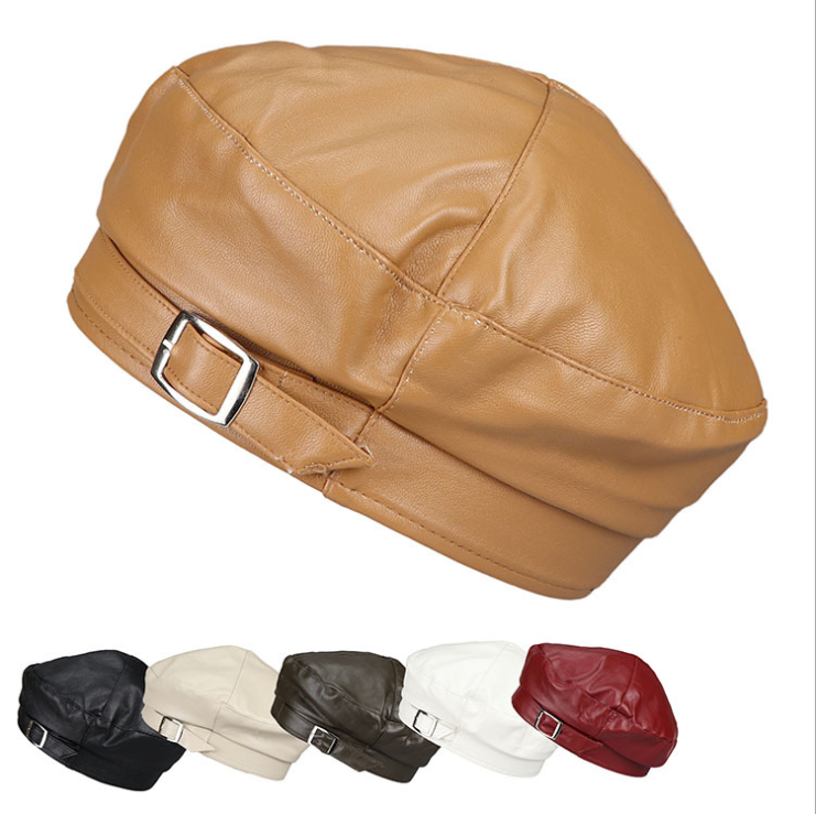 Autumn and winter PU leather beret female wild foreign painter hat British retro leather octagonal hat