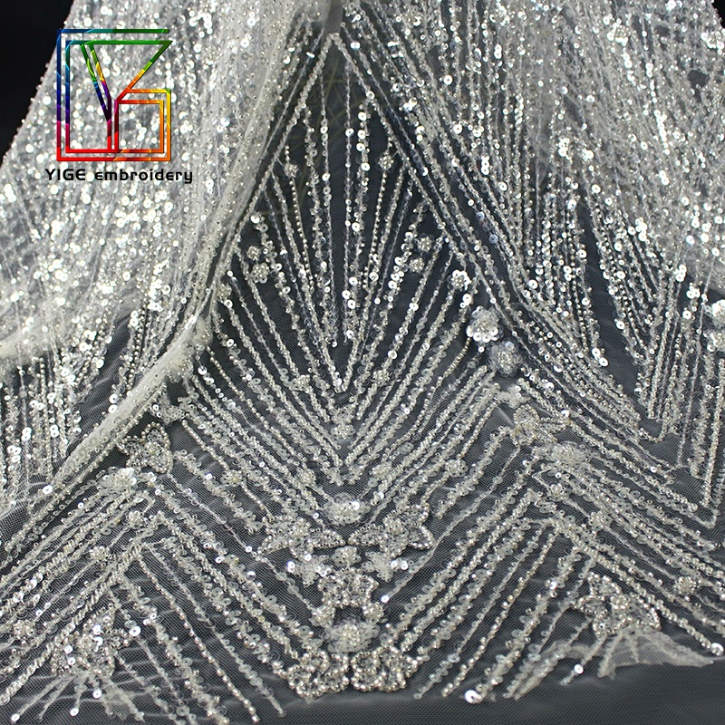 white wedding bridal lace embroidered fabric with beads sequins French tulle lace material lace fabric embroidery