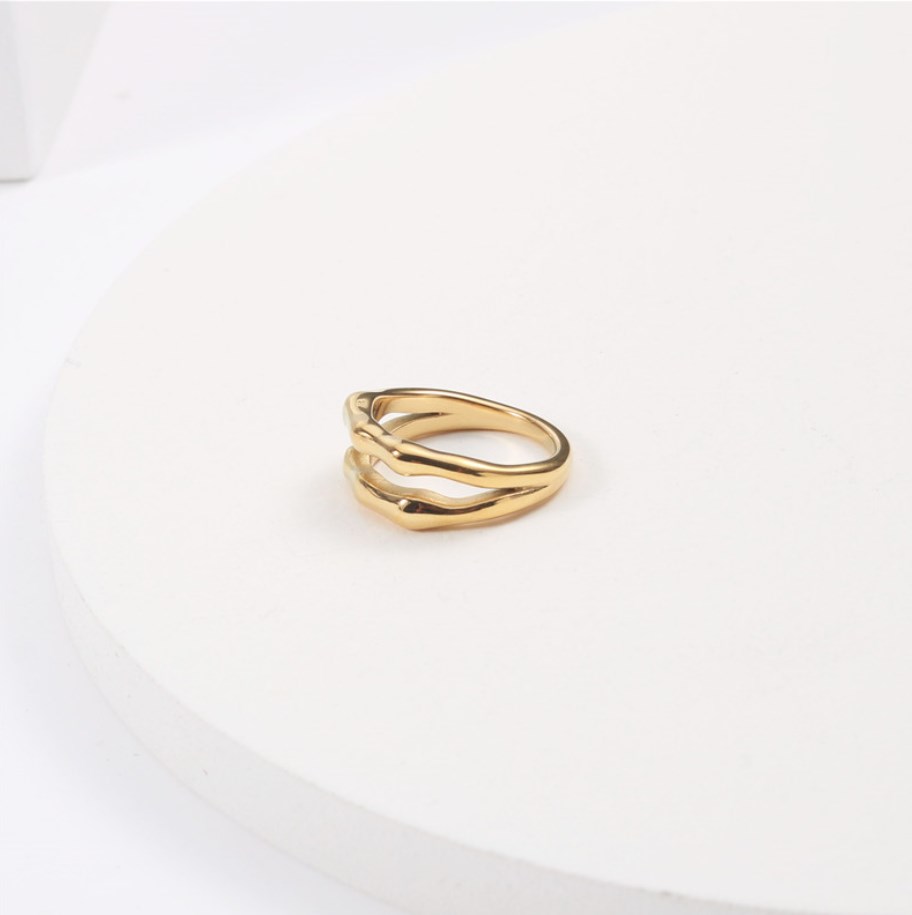 Оптовая продажа; 3 размера; 316 из нержавеющей стали, покрытой 18K позолоченные геометрическая форма стекируемые Двухслойное кольцо