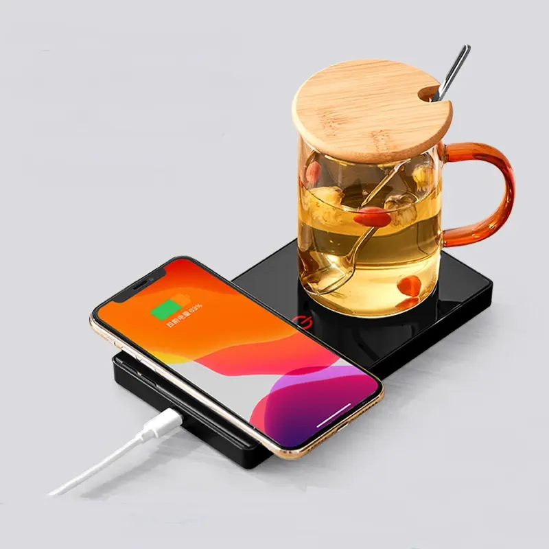 Multifunctional 15W glass panel constant temperature heating cup warmer 2 in 1 usb coffee mug warmer with wireless charger