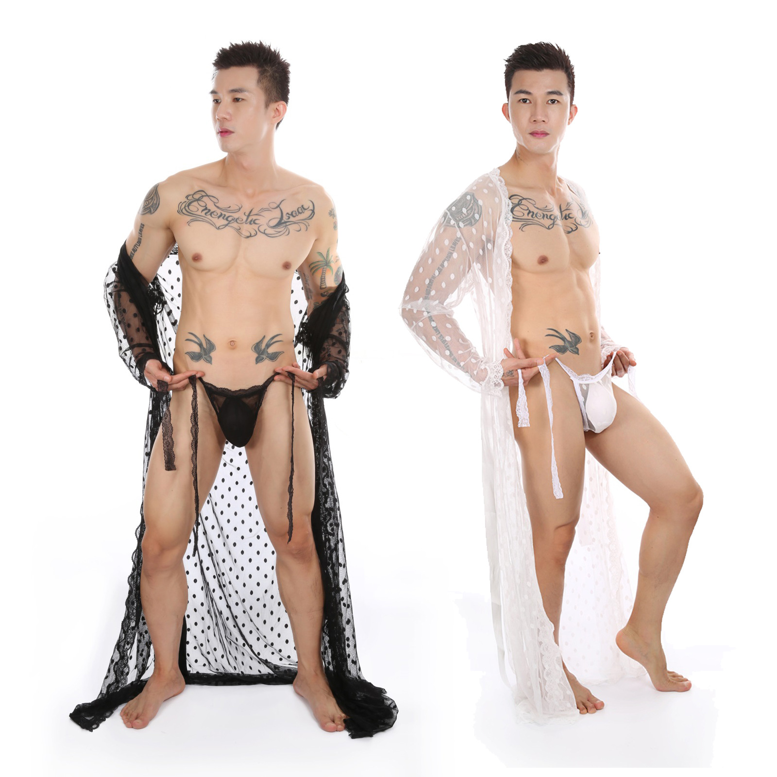 Men's sexy lace bathrobe long transparent slit thong suit perspective underwear temptation passion