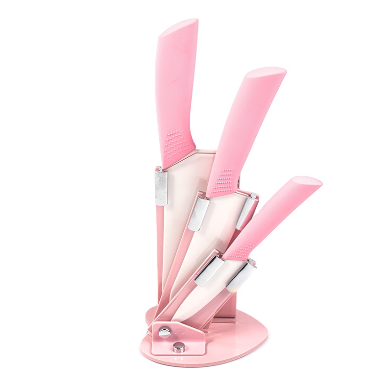 Pink High quality 4 pcs kitchen knives set PP with TPR coating with ceramic Block