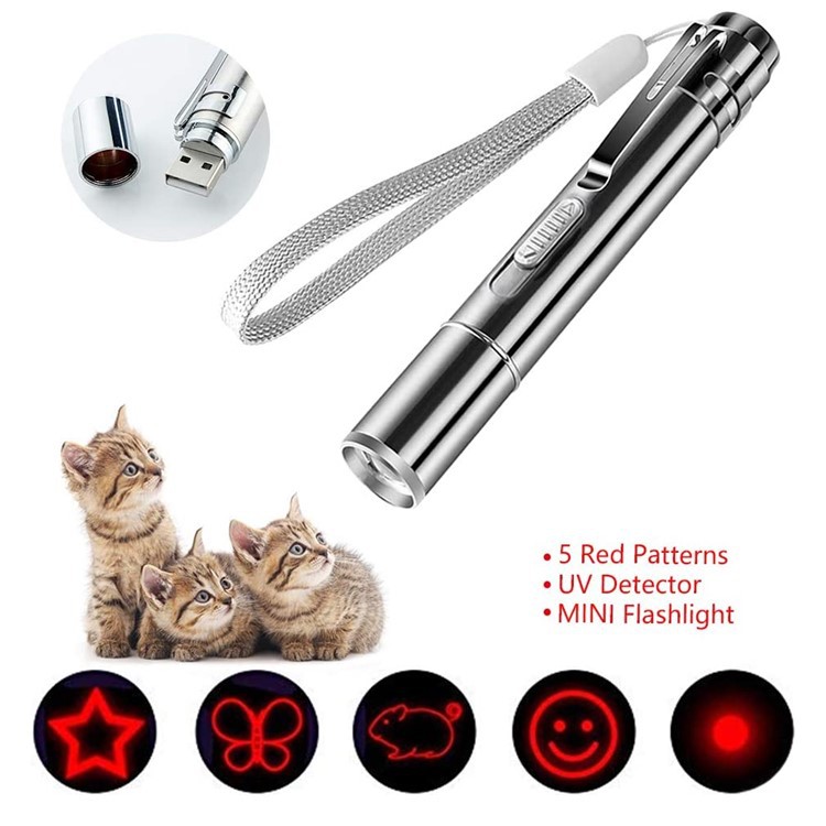 USB charging 5 patterns stainless steel pet laser pointer cat interactive toy funny cat toy