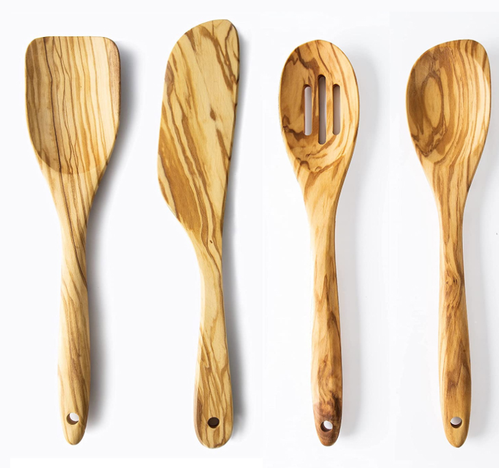 Olive Wood Cooking Spoons Set with Cooking Spatulas Set, 4 Pieces Cooking Utensils.
