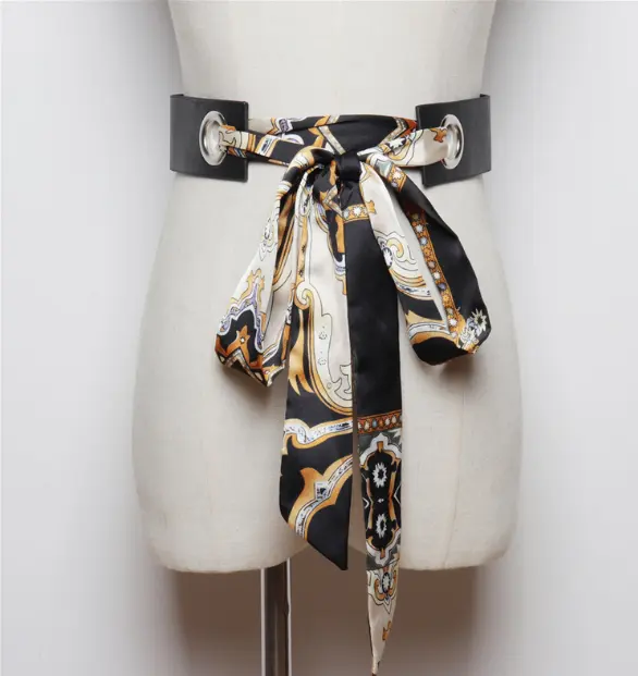 Wholesale Trendy Pu Leather Detachable Silk Scarf Bow Tie Waist Belt for Women