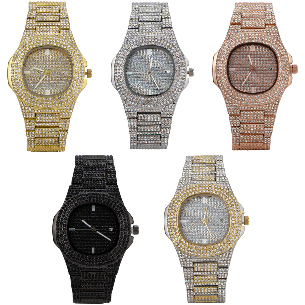 5 Colors Amazon Hot Style European and American High End Metal Steel Band Diamond Set Men's Quartz Watch Hiphop Watch