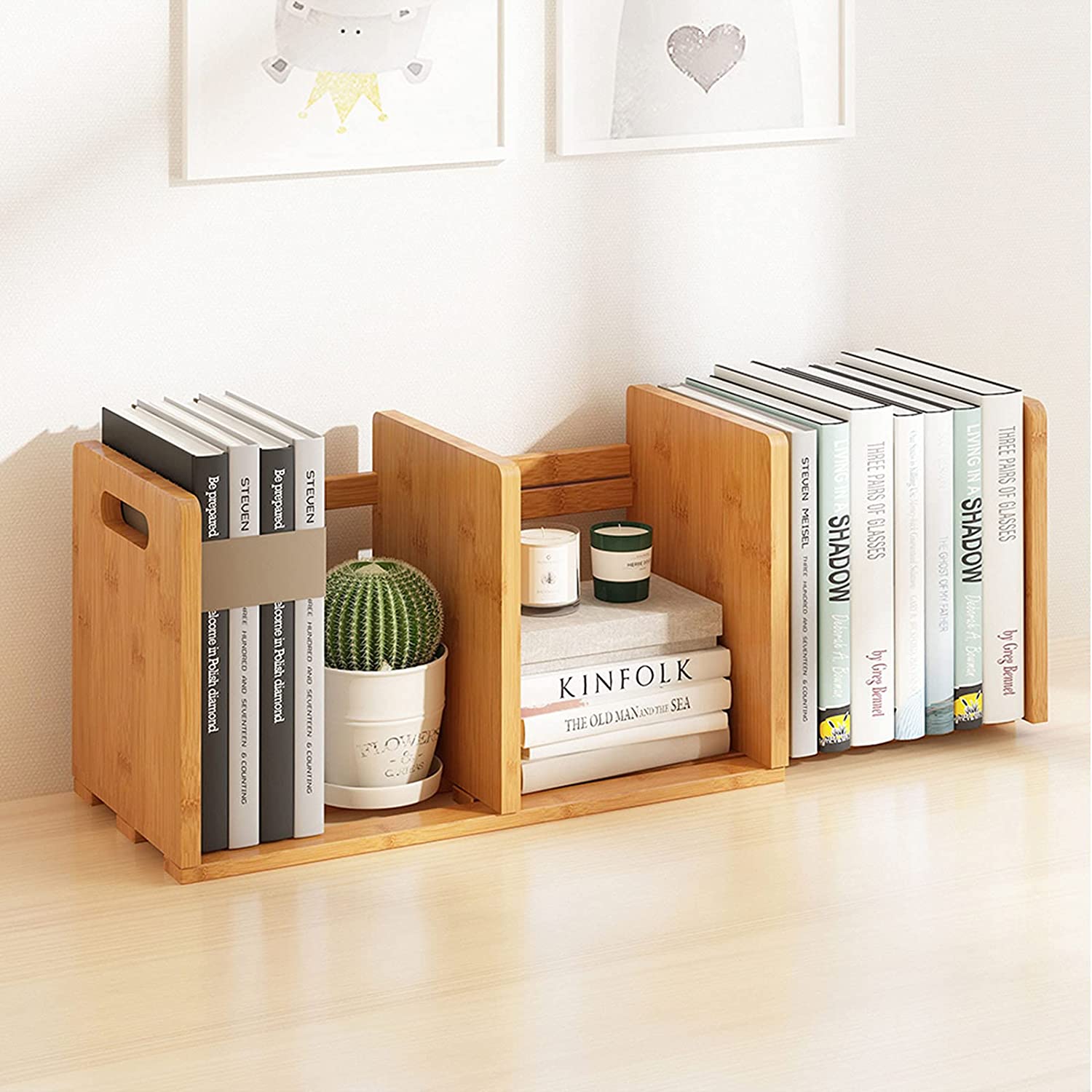 Bamboo Desktop Bookshelf Expandable Desktop Organizer Table Top Bookcase Desk Storage Organizer Display Shelf Rack for Office