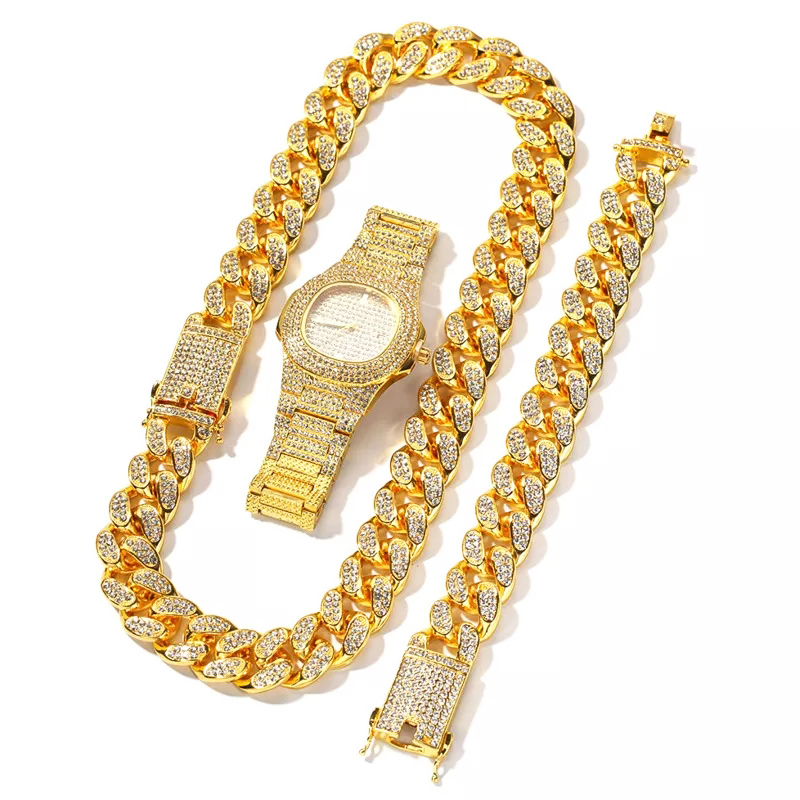 Men Watch Gift Hip Hop Silver Colored Cuban Chain Necklace and Bracelet Set Free Luxury Combination of Watch and Necklace Set