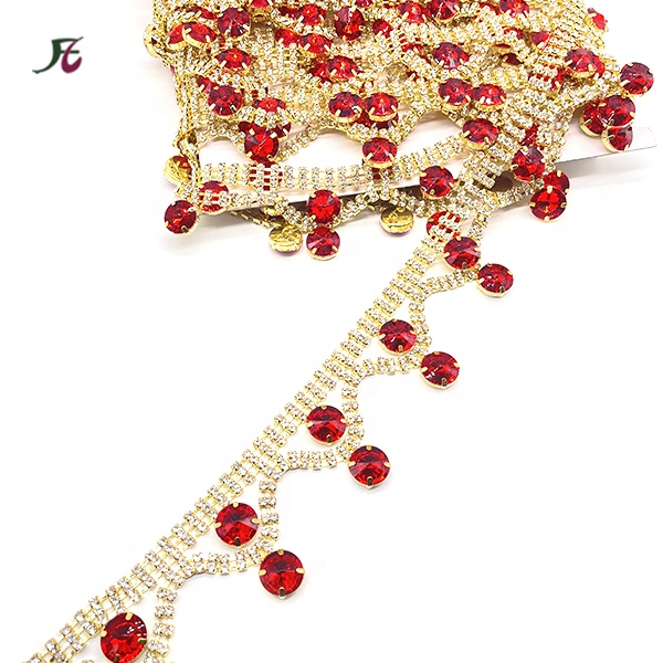 Indian Alloy Red Glass Tassel Big Gem Rhinestone Flower Belly Chain Gold Waist Chain