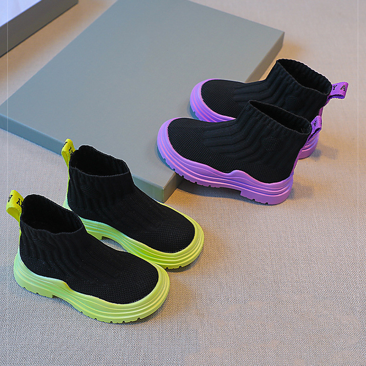 Custom LOGO Spring Fall Stretch Fabric Platform Knit Botas Kid Children Shoes Slip on Chunky Ankle Chelsea Boots for girls kids