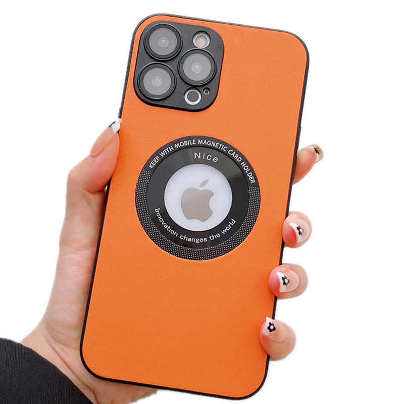 Кожаный чехол премиум-класса для iPhone 14 13 Pro Max, магнитная Беспроводная зарядка, отверстие для логотипа, стеклянная линза, защитный чехол для телефона