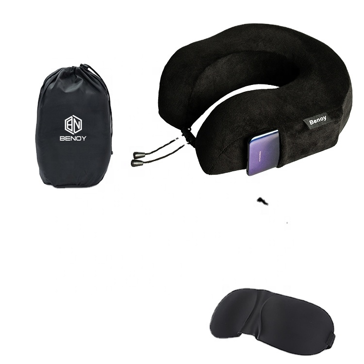 Best selling Amazon High Quality Airplane Memory Foam Neck Pillow Travel Set Kit with Eye Mask Ear Plugs Luggage Tag