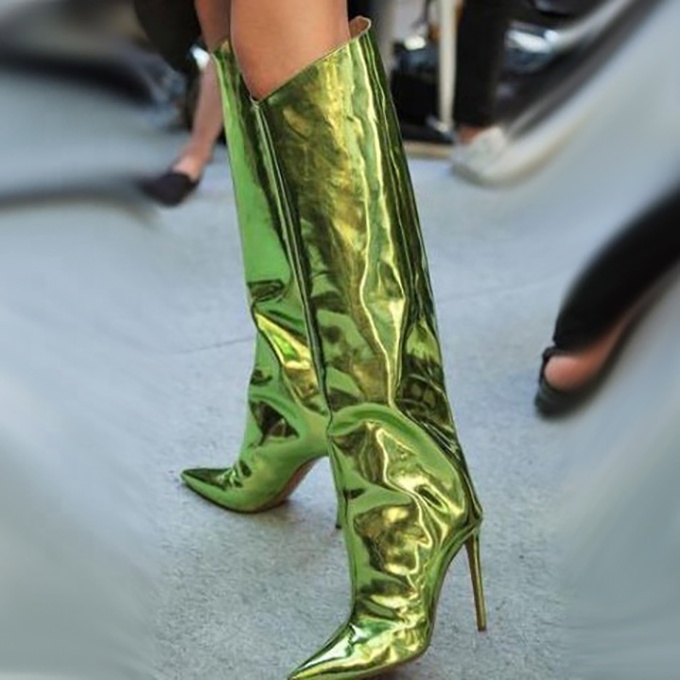 Fashion Design Autumn Stiletto High Heels Patent Leather Silver Gold Red Women's Boots Side Zipper Thin Heeled Knee High Boots