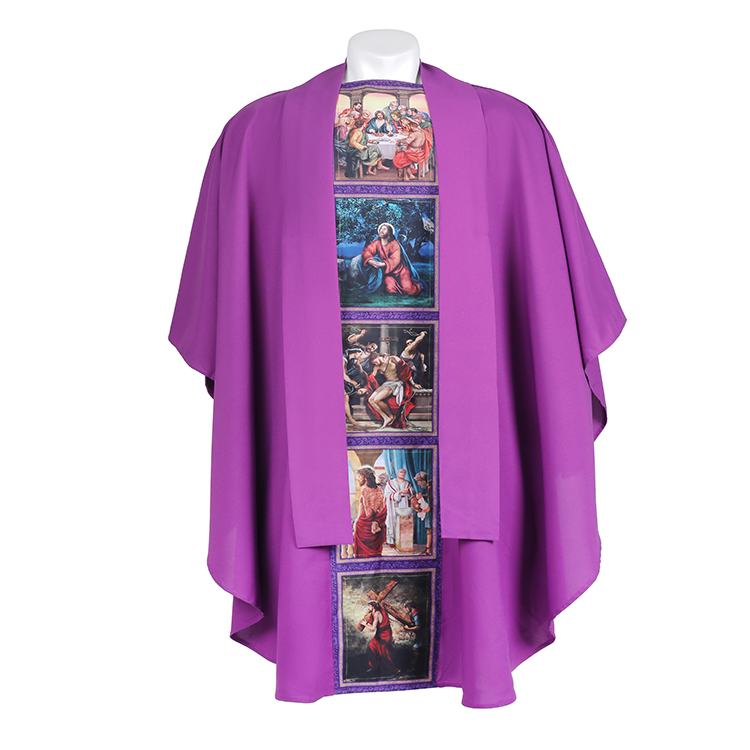 Catholic Textured Polyester Round Neck Digitally Printed Vestment Vibrant Stained Classic Design Nativity Chasuble