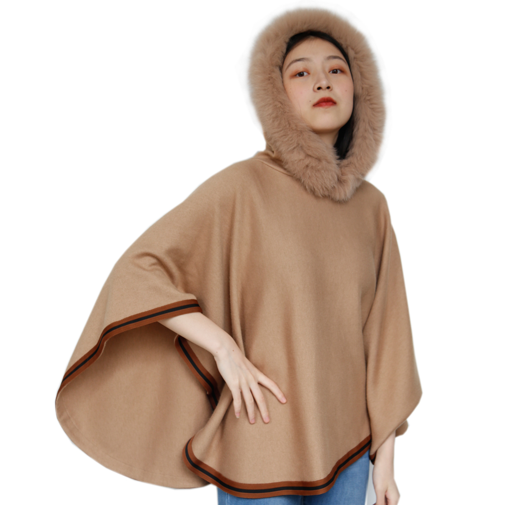 Casual Style Plain Fox Fur Hooded Stripe Trim 95% Rayon 5% Spandex Knitted Big Poncho For Girl