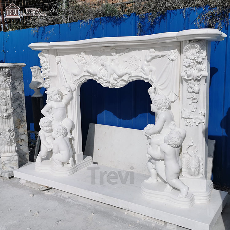 Decorative Natural Stone Fireplace Mantles Baby Angle Statue White Marble Fireplace Frame Surround From China
